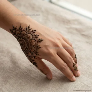 Simple half mandala mehndi along the little-finger side of the back hand with curved petals and dot details.