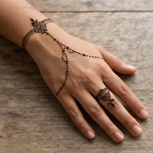 Back hand ring chain mehndi with a middle-finger ring, fine connecting chain, and tiny wrist flower.