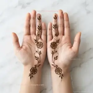 Simple floral vine mehndi design running from the lower palm toward the middle finger