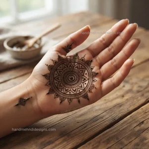Geometric palm mandala mehndi with pointed shapes, concentric circles and evenly spaced dots