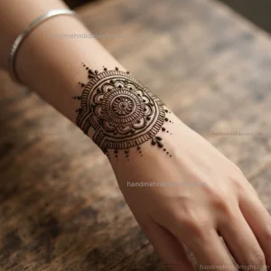 Simple wrist mehndi bracelet with repeated circular mandala-inspired floral details and dots