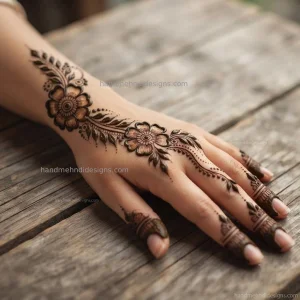 Stylish Arabic vine mehndi on the back hand with two flowers, leafy trails and dotted fillers