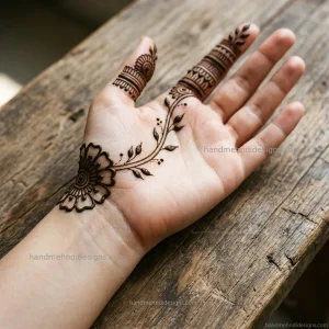Stylish minimal front hand mehndi with an asymmetrical flower, fine vine and dot accents