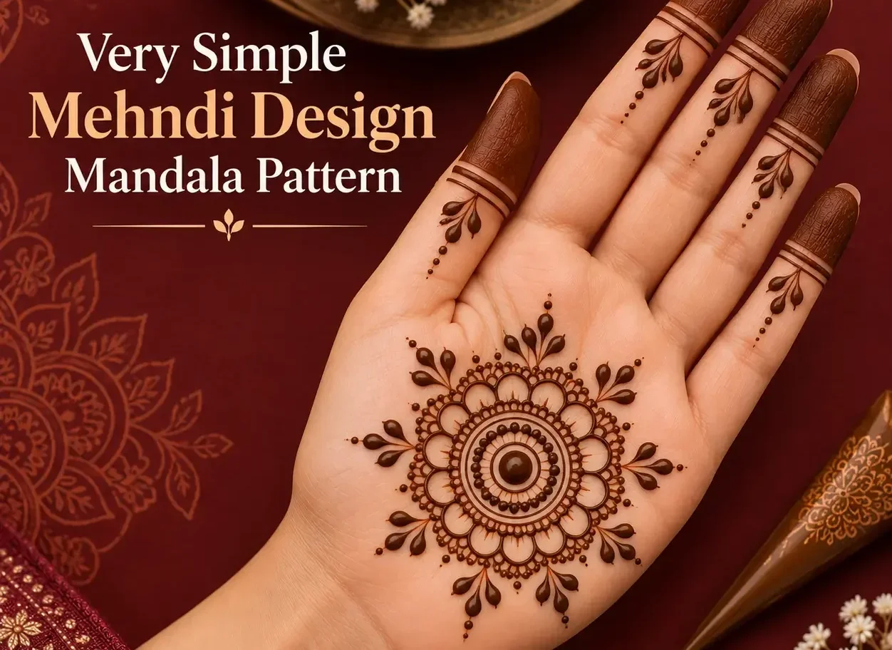 Very simple mehndi design mandala pattern on palm with circular petals and dots