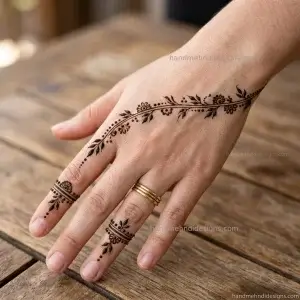 Back hand diagonal mehndi featuring a fine leafy vine and delicate ring-style bands with dots and miniature flowers on the fingers.