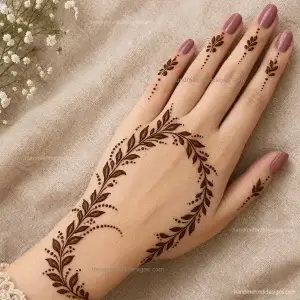 Open leaf arch mehndi design curving across the back hand with tiny leaves and dots