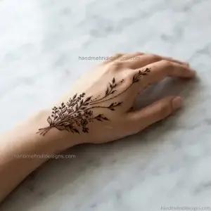 Small leaf bouquet mehndi near the wrist with curved stems and tiny buds