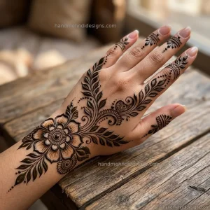 Festive back hand mehndi design featuring rich floral and leaf trails
