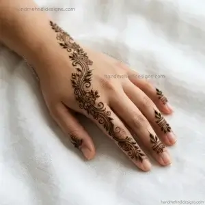Side floral vine back hand mehndi running along the outer hand edge with tiny flowers and leaves