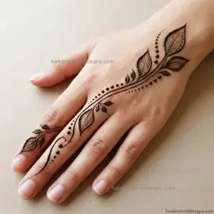 Arabic-inspired back hand mehndi with a diagonal leafy branch, pointed leaves, and a spaced trail of dots.