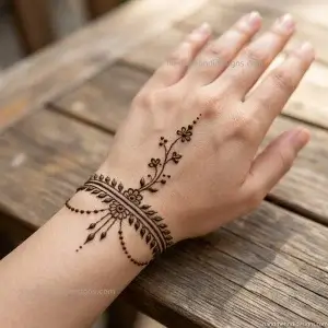 Bracelet-style bel mehndi with a delicate floral wrist band and a fine vine extending toward the fingers.