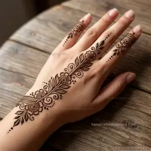 Festive back hand bel mehndi with miniature flowers, leafy branches, and decorative curls.