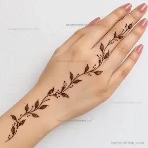 Minimal back hand mehndi design with a curved leafy vine extending from the wrist toward the ring finger.
