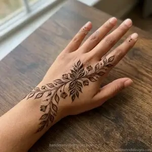 Leafy vine mehndi design on the back hand with pointed leaves, small buds, and dotted accents.