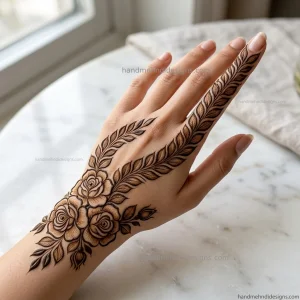 Combination rose and leaf trail back hand mehndi design