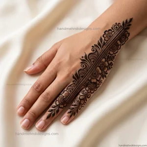 Half hand coverage back hand mehndi with diagonal floral trail